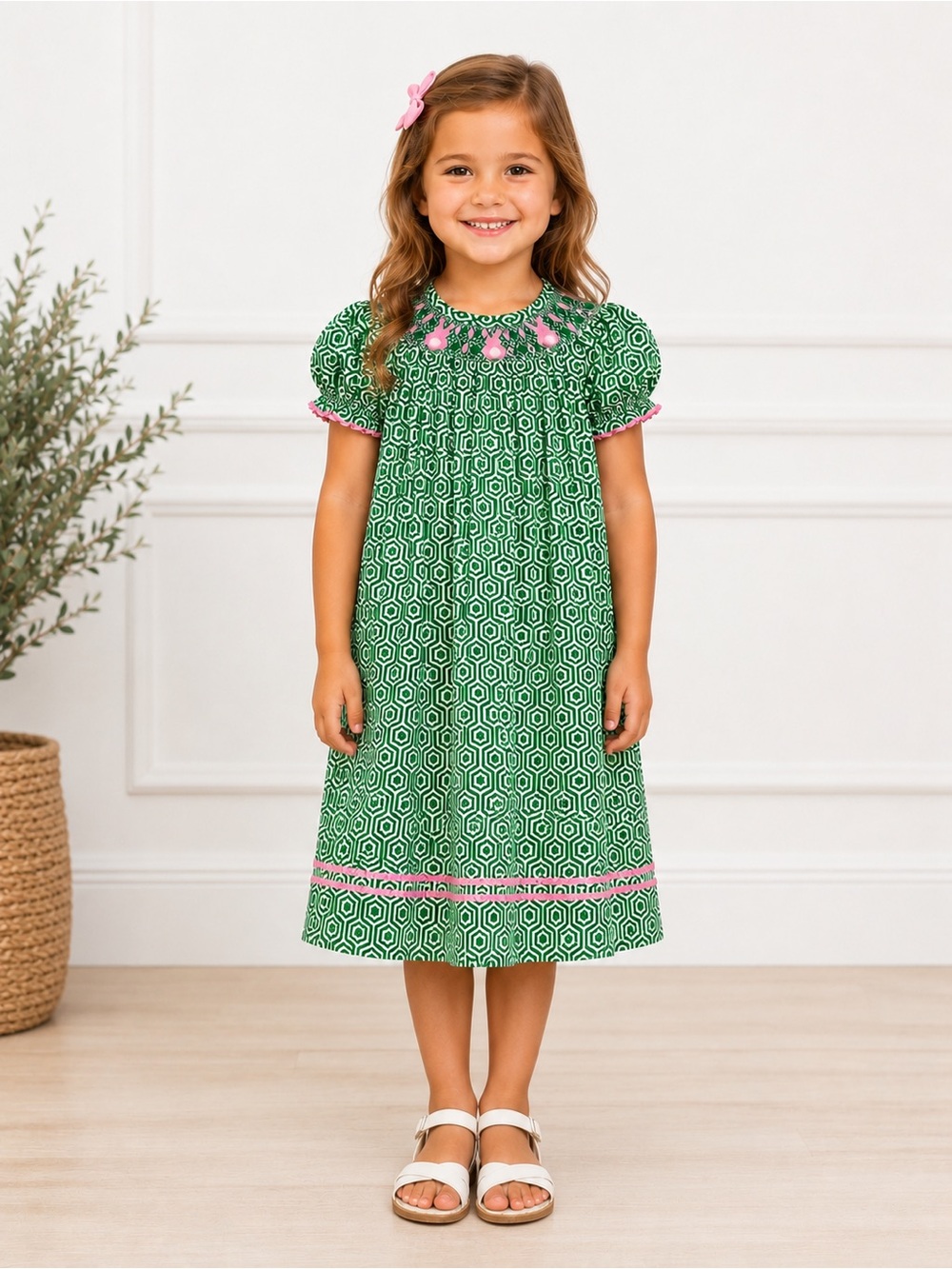 NEW! Southern Tots Smocked Bunny Bishop Dress – Girls Size 5 – Green & Pink
